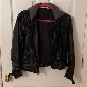 Faux leather jacket w/removable grey hood